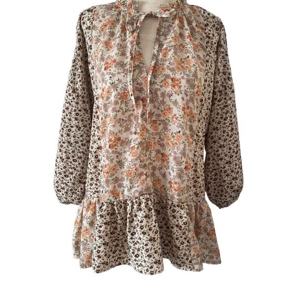 Umgee Peasant Boho Style Floral Calico Peplum Waist Blouse Sz M Neutral Coloring - Picture 1 of 9